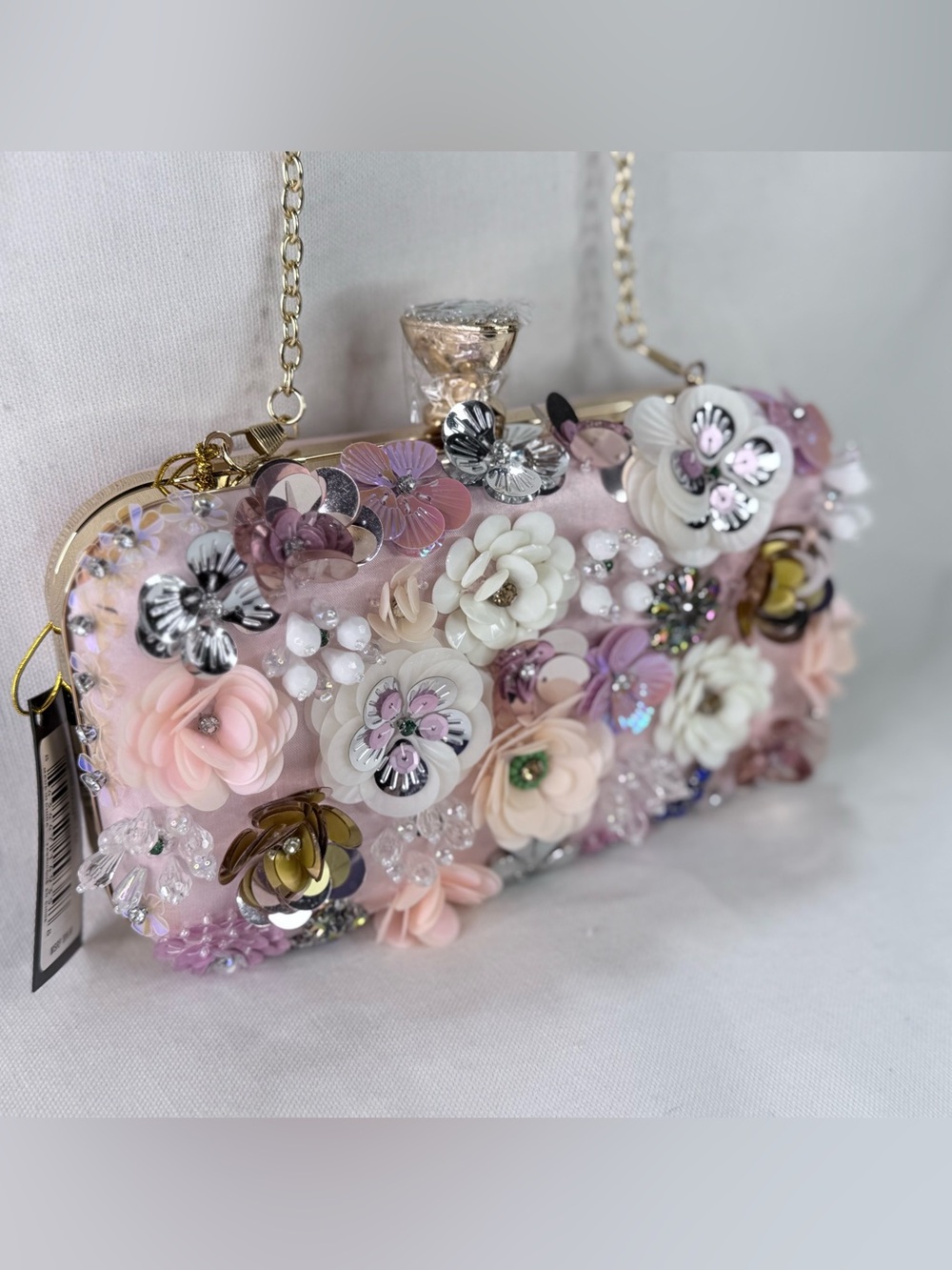 bebe Pink Floral Appliqué Evening Clutch with Gold Chain